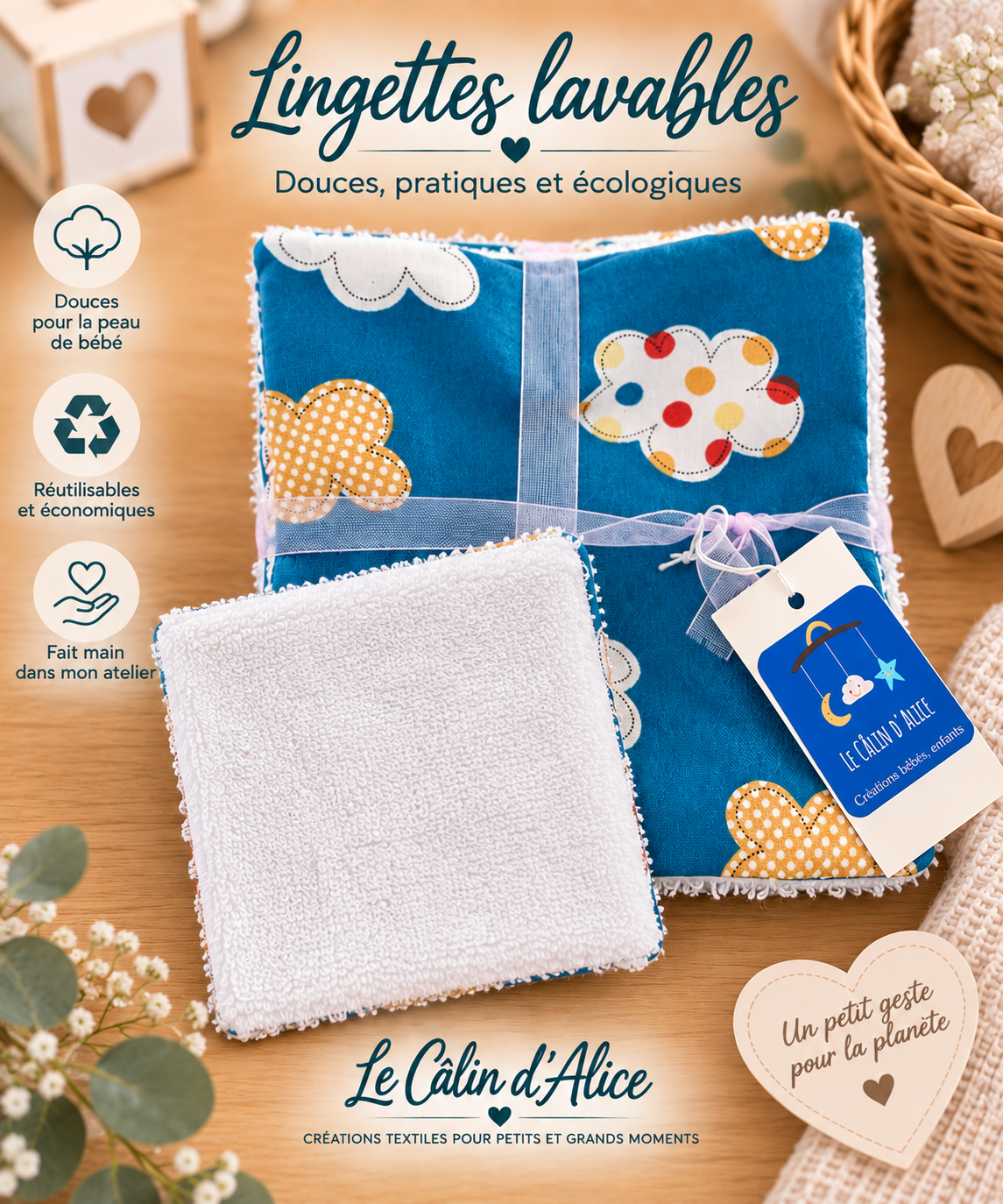 Lot de lingettes bébé réutilisables en coton éponge blanc