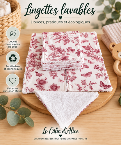 Lingette lavable bébé en coton imprimé motif fleur et papillon