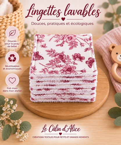 Lot de lingettes bébé réutilisables en coton certifié Oeko-Tex®