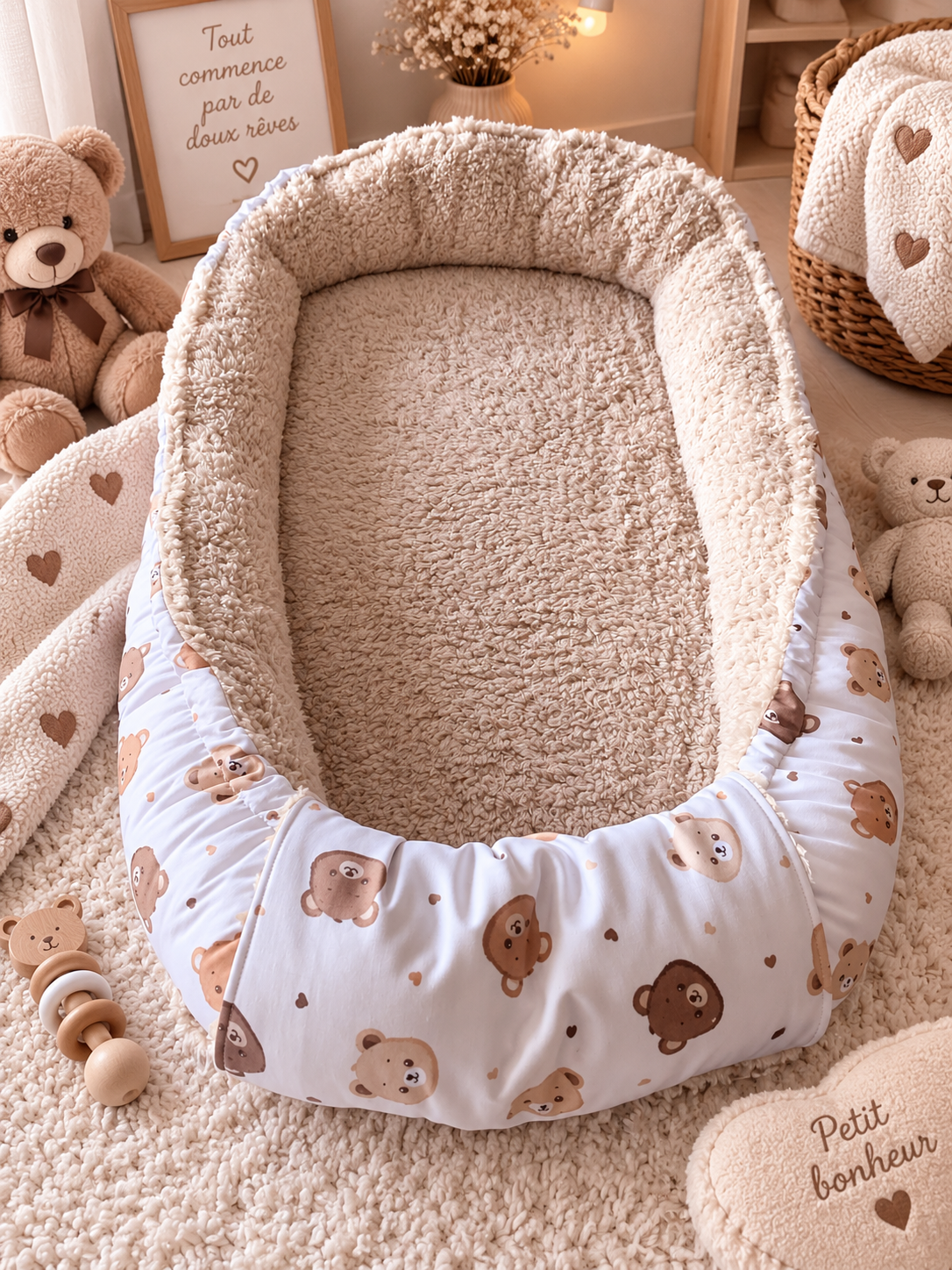 Détail du tissu imprimé ours du réducteur de lit cocon pour bébé
