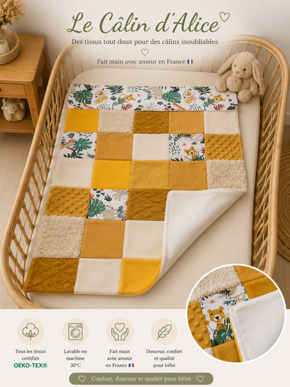 Couverture patchwork jaune, motif jungle