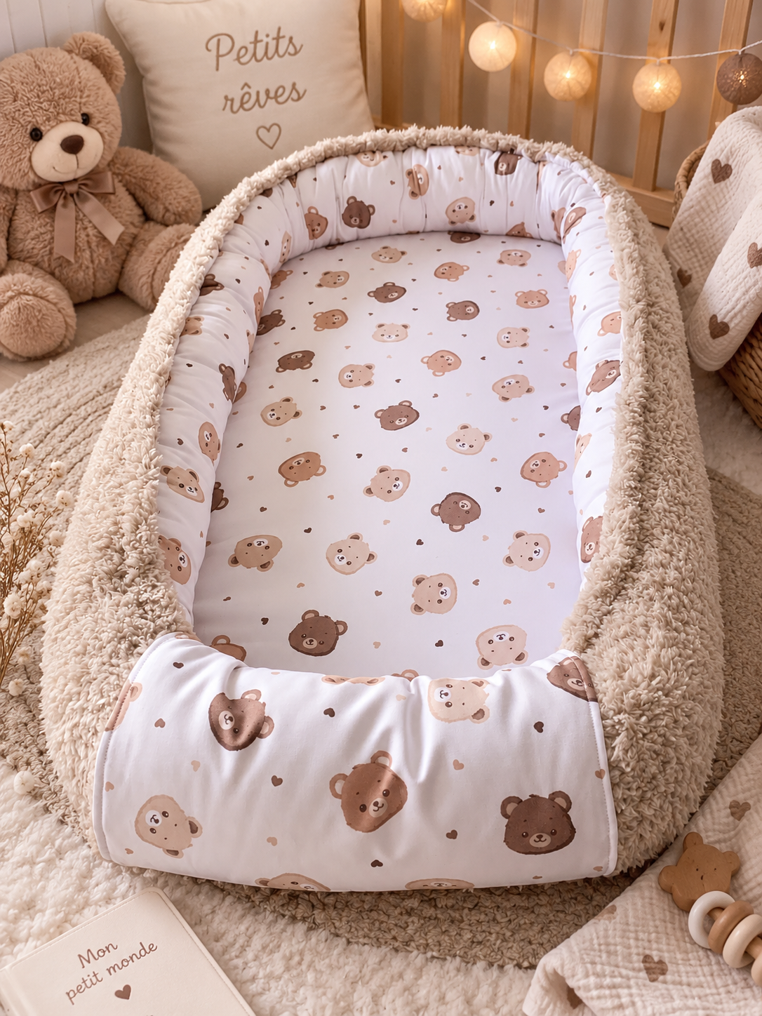 Réducteur de lit cocon réversible motif ours et teddy beige, fait main pour bébé