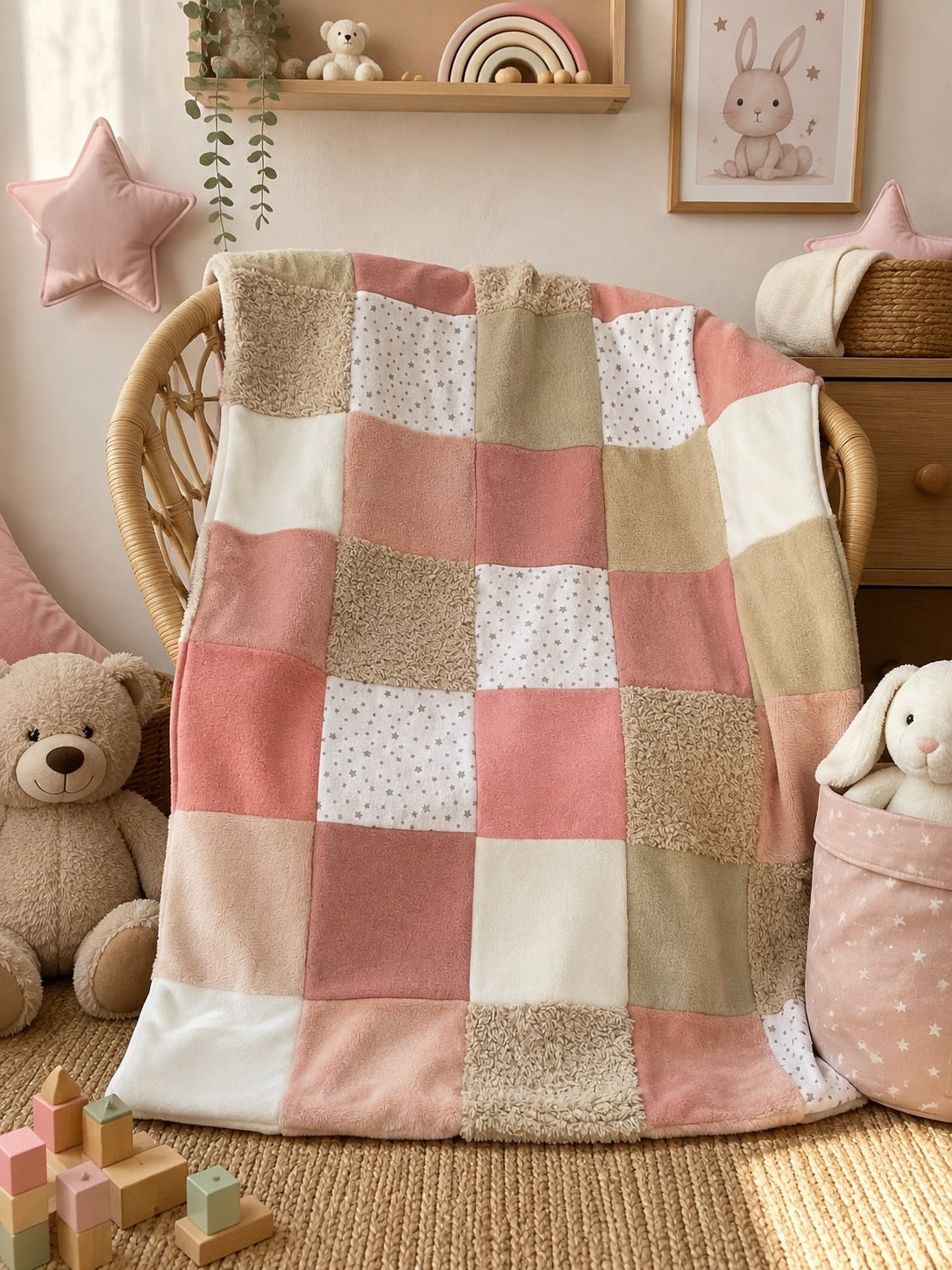 Couverture patchwork rose avec motif étoile