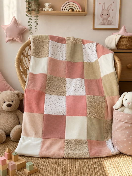 Couverture bébé patchwork rose motif étoile, pièce unique