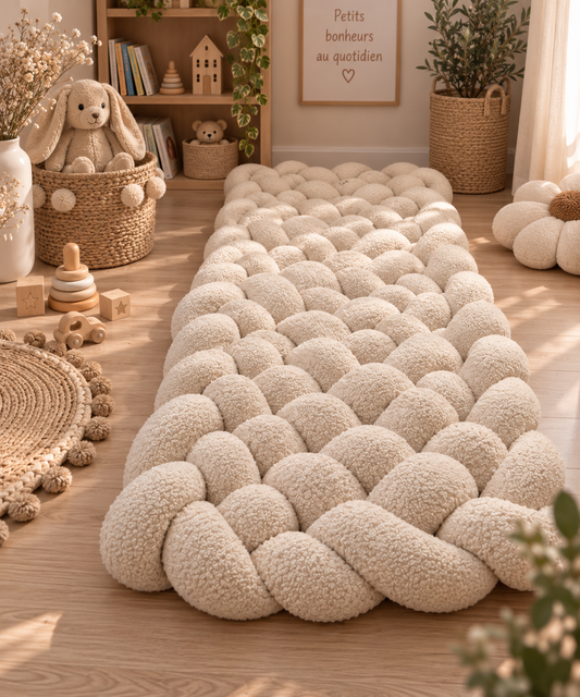 Tapis tressé en tissu bouclette beige pour chambre bébé
