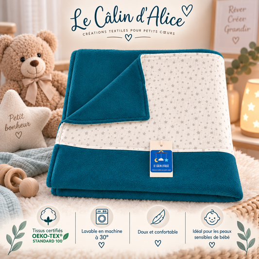 Couverture bébé bleu canard avec tissu étoilé, faite main
