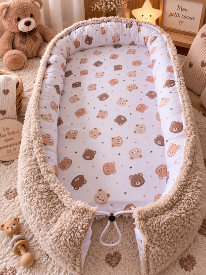 Détail du teddy beige doux du réducteur de lit cocon réversible