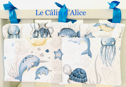 Range Doudou Bébé Motif Animaux de la Mer – Organisateur de Lit Fait Main | Cadeau Naissance