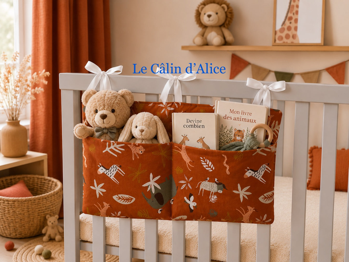 Range Doudou Bébé motif petite animaux sur fond terracotta – Organisateur de Lit Fait Main | Cadeau Naissance