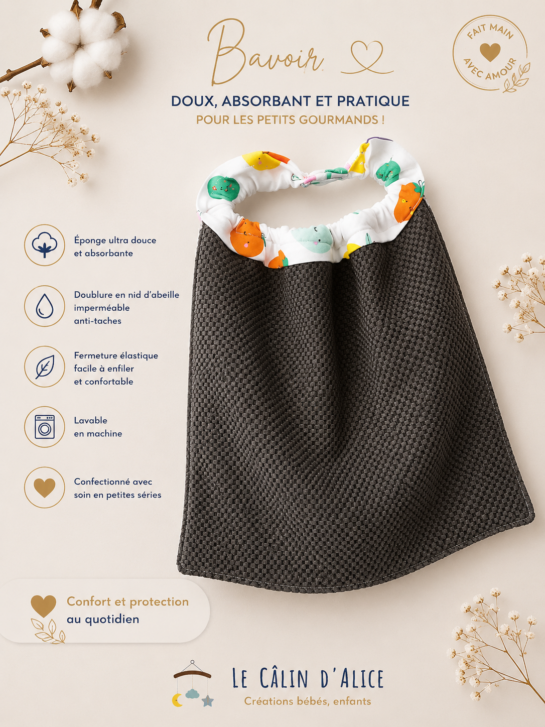 Bavoir élastique pour cantine - crèche motif fruit