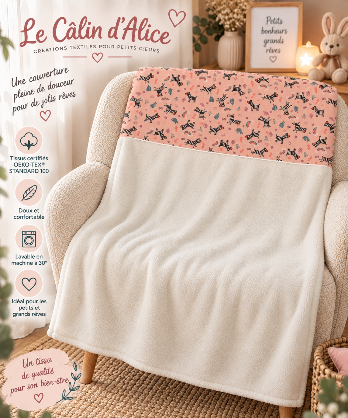 Couverture naissance douce à motif zèbre noir et blanc