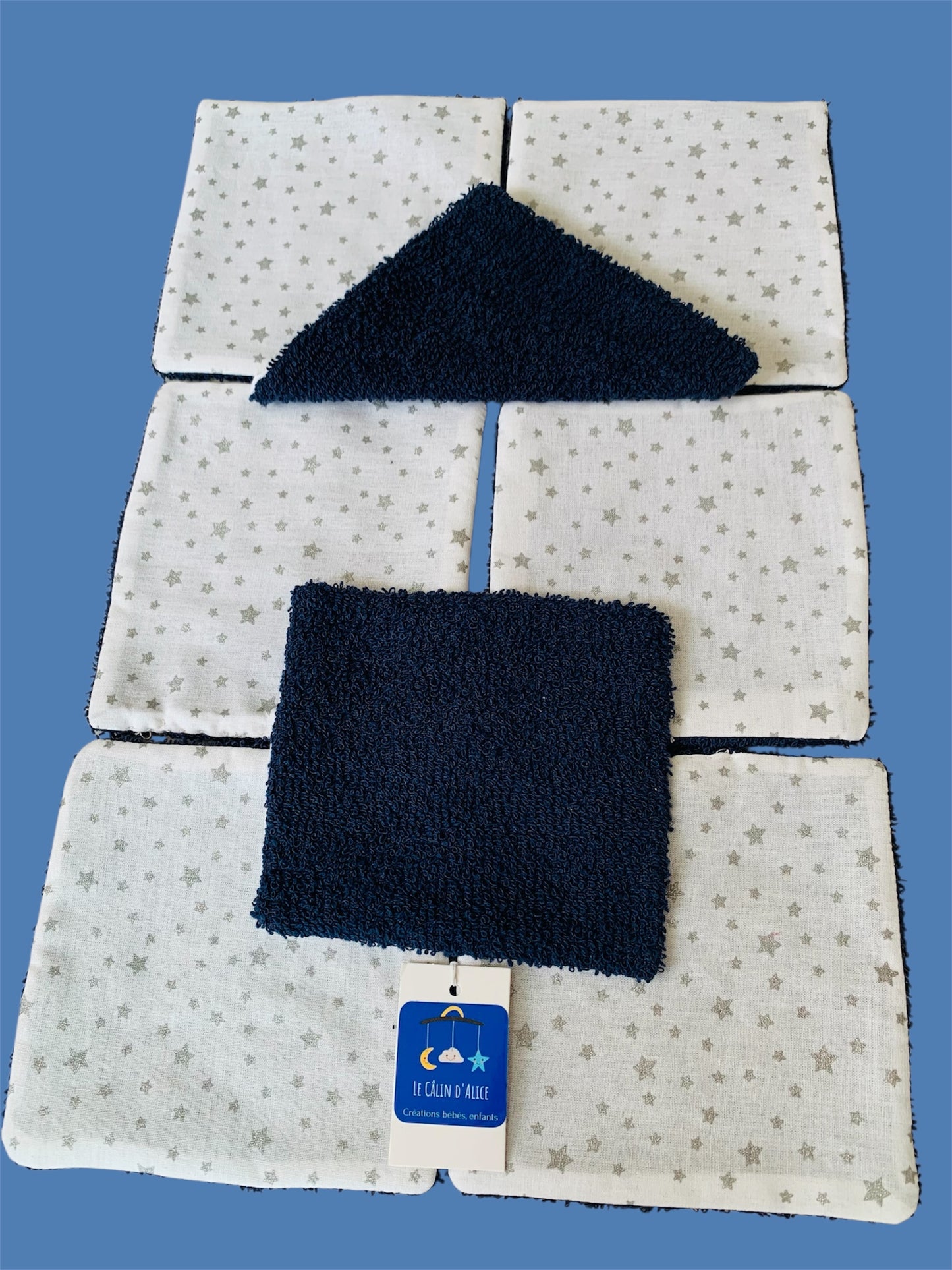 Lot de 8 Lingettes Lavables Bébé Motif Étoiles – Coton Oeko-Tex Fait Main | Cadeau Naissance