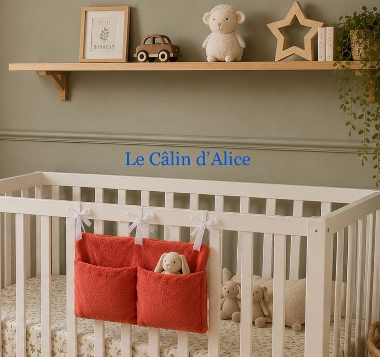 Range Doudou Bébé ultra doux couleur terracotta – Organisateur de Lit Fait Main | Cadeau Naissance