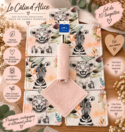 Lot de lingettes bébé réutilisables avec une face éponge rose