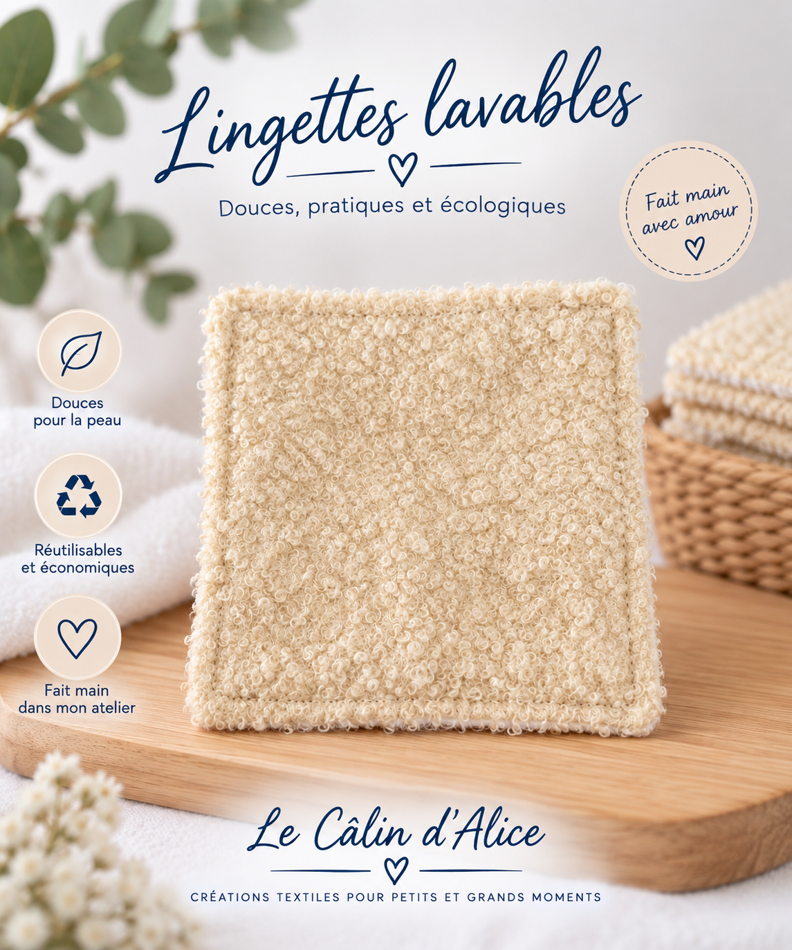 Lingette lavable bébé en coton bouclette beige et coton éponge blanc