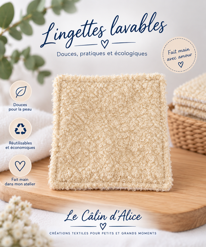 Lingette lavable bébé en coton bouclette beige et coton éponge blanc
