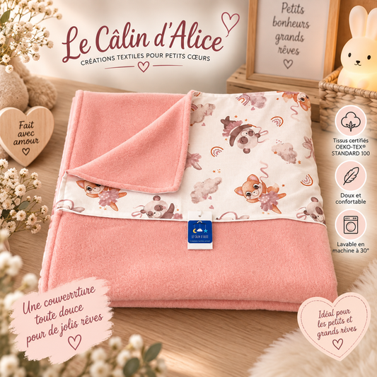 Couverture bébé rose motif animaux danseuse, faite main