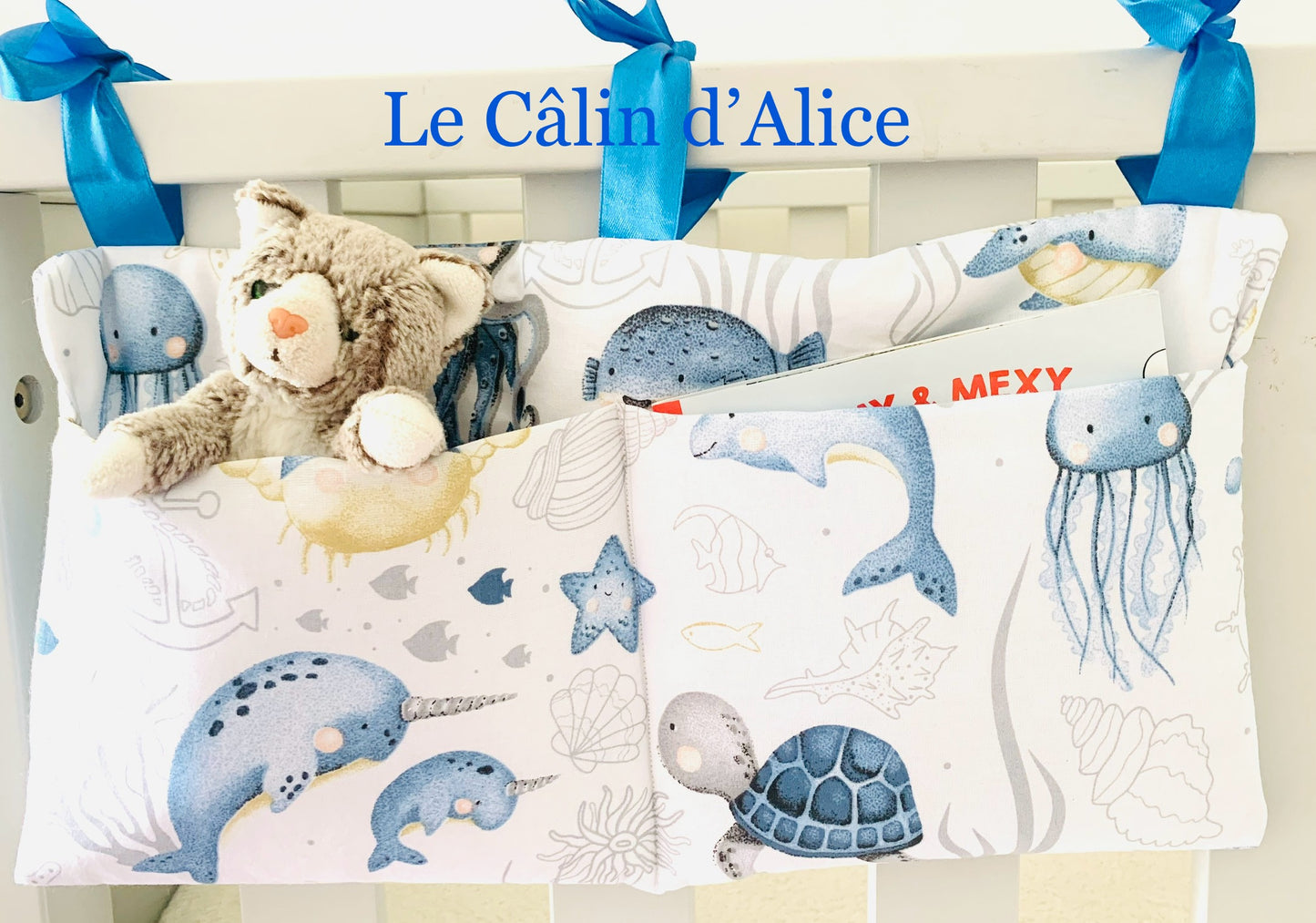 Range Doudou Bébé Motif Animaux de la Mer – Organisateur de Lit Fait Main | Cadeau Naissance