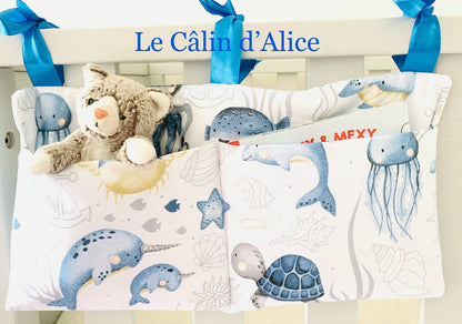 Range Doudou Bébé Motif Animaux de la Mer – Organisateur de Lit Fait Main | Cadeau Naissance