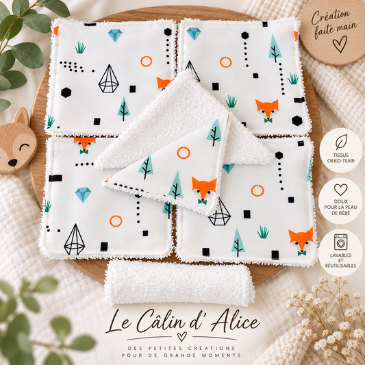 Lot de 10 lingettes lavables bébé motif renard